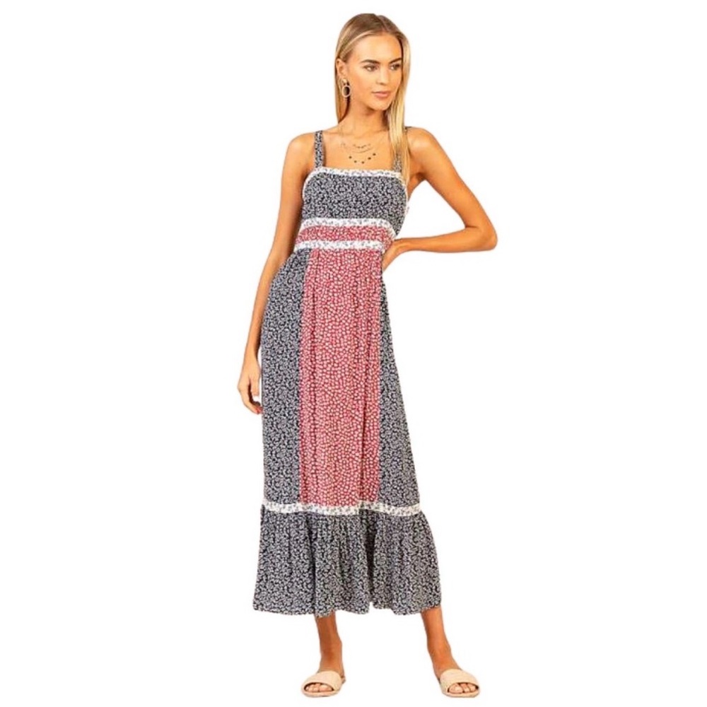 Skies are Blue Red White Floral Peasant Sleeveless Midi Dress Small